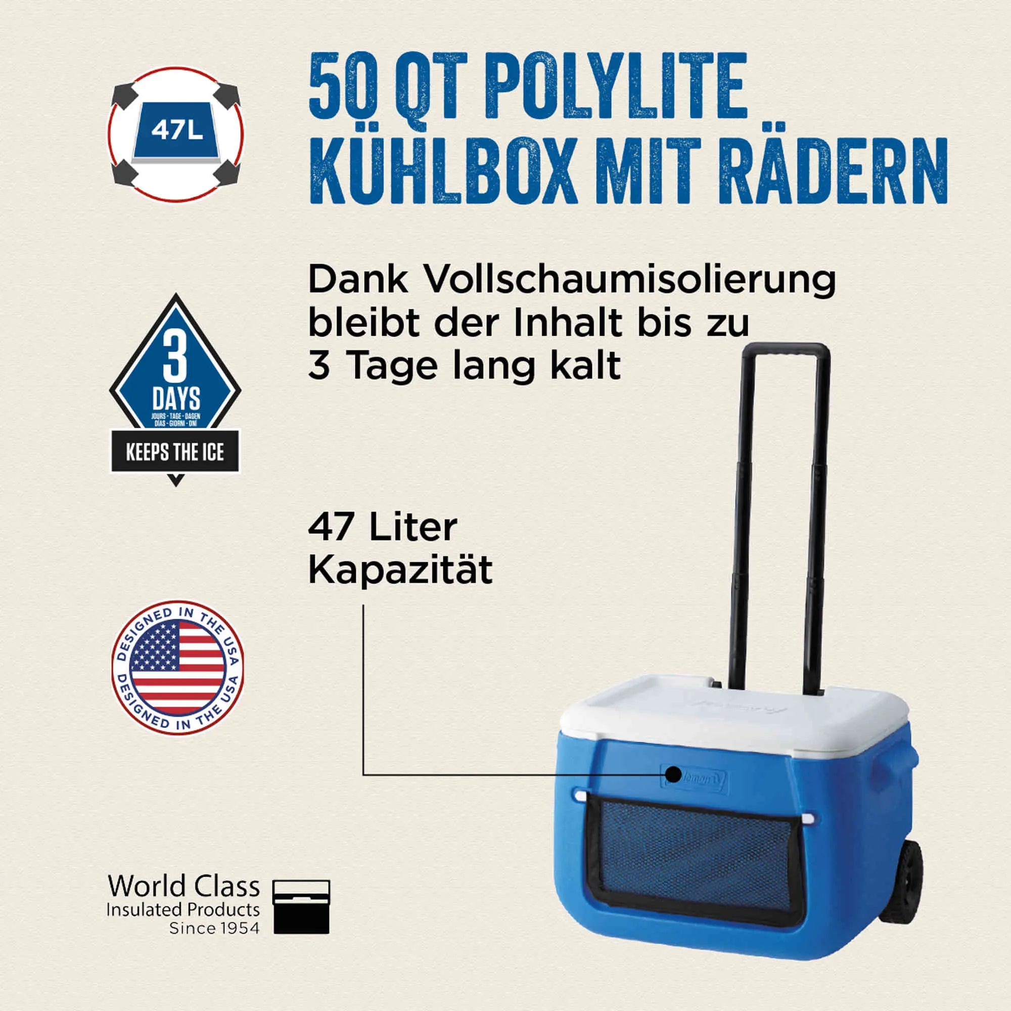 Coleman 50QT Polylite Wheeled | 46 Liter Kühlbox mit Rollen | 3 Tage Kühlung