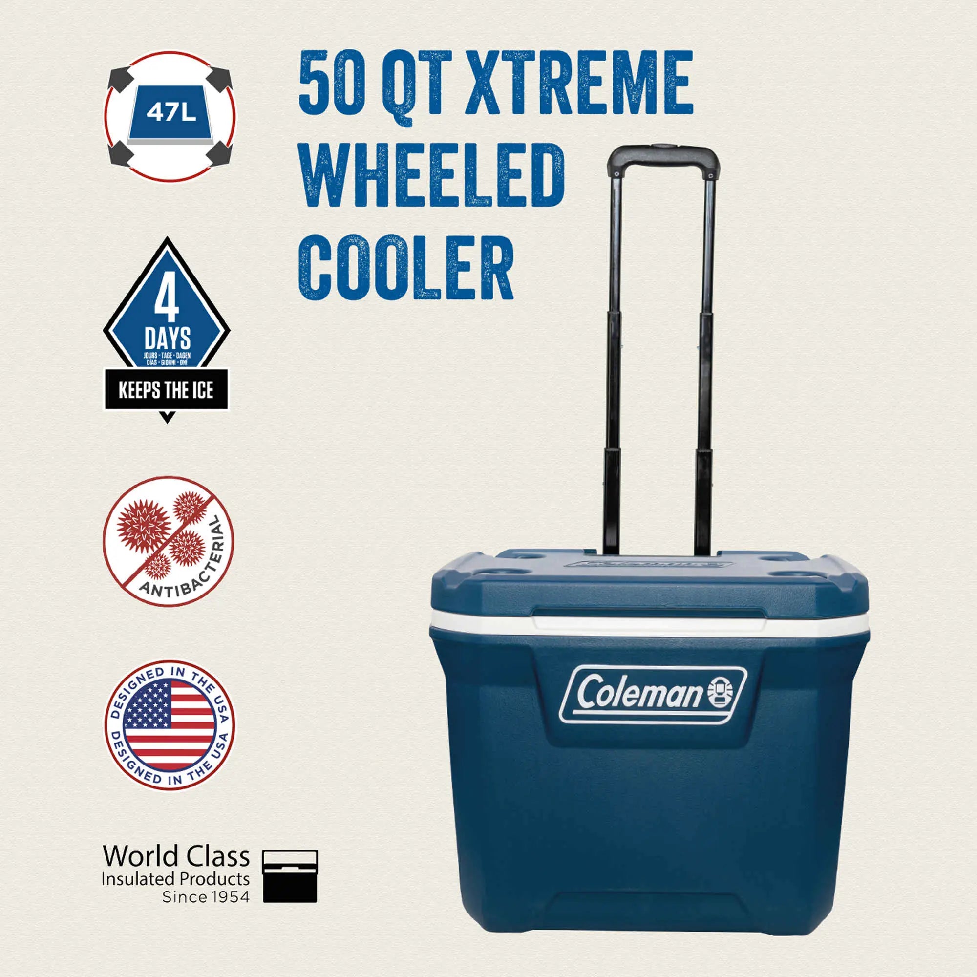 Coleman 50QT Xtreme Wheeled | 47 Liter Kühlbox mit Rollen | bis zu 4 Tage Kühlung  Kühlbox Campingaz & Coleman