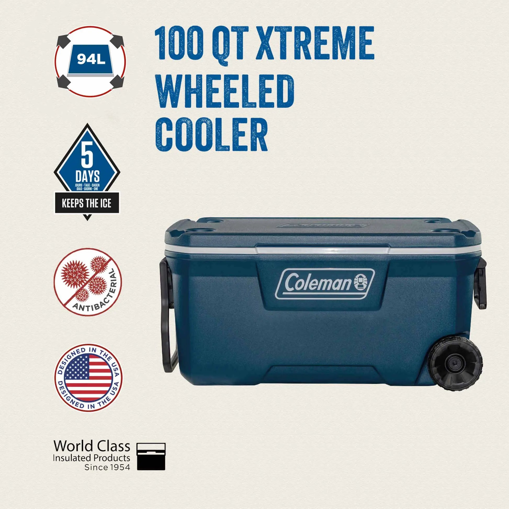 Coleman 100QT Xtreme Wheeled | 94 Liter Kühlbox mit Rollen | 5 Tage Kühlung  Kühlbox Campingaz & Coleman