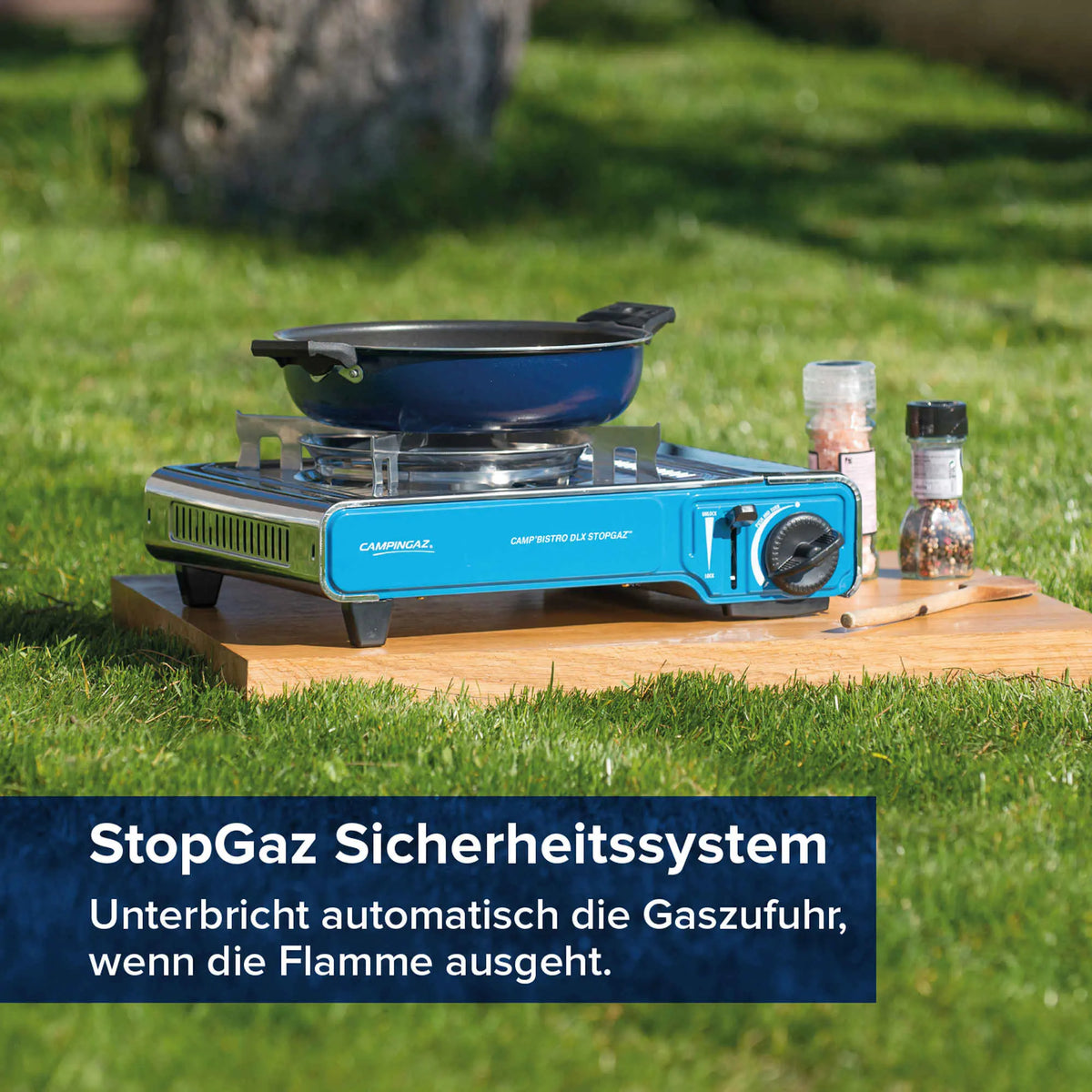 gaskocher zelten Camp'Bistro DLX mit Stopgaz | 1-Flamm Campingkocher Size:24 inch Fiamma Side W Pro E-Kit