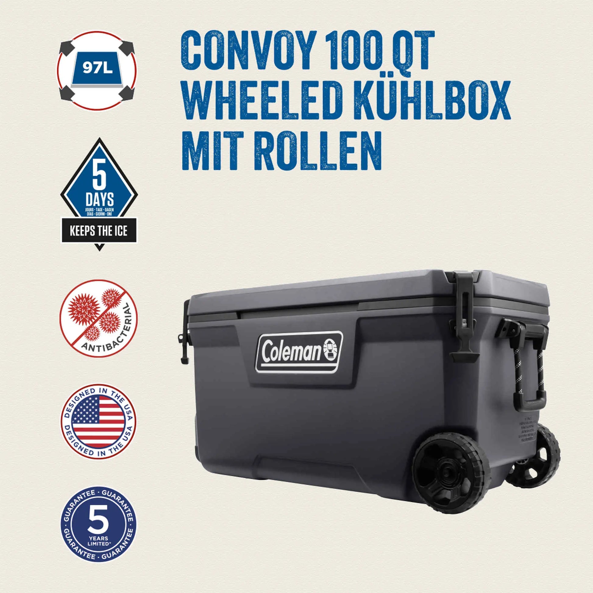 Coleman Convoy 100QT Wheeled | 97 Liter Kühlbox mit Rollen | 5 Tage Kühlung  Kühlbox Campingaz & Coleman